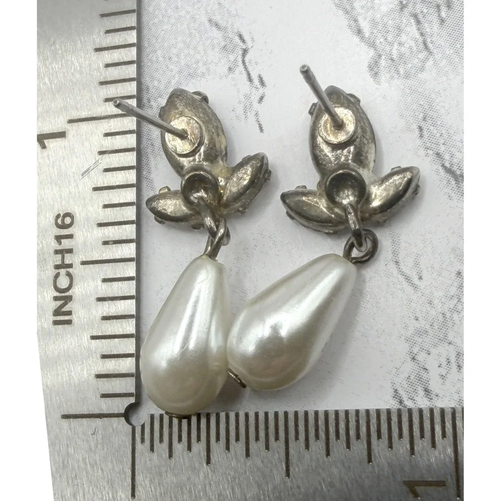 Green Glass Rhinestone Faux Pearl Drop Earrings‎ Bridal Holiday 1.125